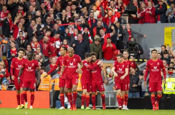 LIVERPOOL, ENGLAND - Sunday, October 3, 2021: Liverpool's Mohamed Salah celebrates after scoring the second goal during the FA Premier League match between Liverpool FC and Manchester City FC at Anfield. The game ended in a 2-2 draw. (Pic by David Rawcliffe/Propaganda)