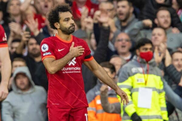 LIVERPOOL, ENGLAND - Sunday, October 3, 2021: Liverpool's Mohamed Salah celebrates after scoring the second goal during the FA Premier League match between Liverpool FC and Manchester City FC at Anfield. The game ended in a 2-2 draw. (Pic by David Rawcliffe/Propaganda)