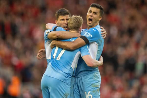 LIVERPOOL, ENGLAND - Sunday, October 3, 2021: Manchester City's Kevin De Bruyne (C) celebrates after scoring the second goal during the FA Premier League match between Liverpool FC and Manchester City FC at Anfield. The game ended in a 2-2 draw. (Pic by David Rawcliffe/Propaganda)