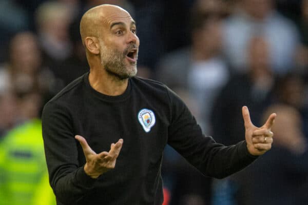 LIVERPOOL, ENGLAND - Sunday, October 3, 2021: Manchester City's manager Josep 'Pep' Guardiola reacts during the FA Premier League match between Liverpool FC and Manchester City FC at Anfield. The game ended in a 2-2 draw. (Pic by David Rawcliffe/Propaganda)