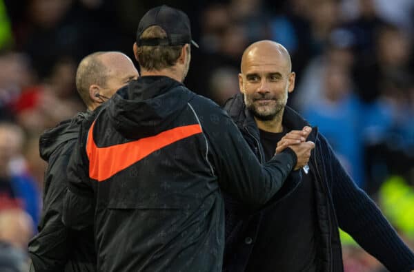 LIVERPOOL, ENGLAND - Sunday, October 3, 2021: Manchester City's manager Josep 'Pep' Guardiola shakes hands with Liverpool's manager Jürgen Klopp during the FA Premier League match between Liverpool FC and Manchester City FC at Anfield. The game ended in a 2-2 draw. (Pic by David Rawcliffe/Propaganda)