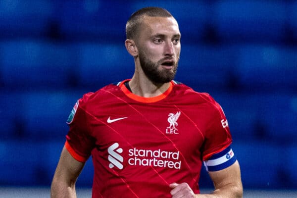 BOLTON, ENGLAND - Tuesday, October 5, 2021: Liverpool's captain Nathaniel Phillips during the English Football League Trophy match between Bolton Wanderers FC and Liverpool FC Under-21's at the Reebok Stadium. Bolton Wanderers won 4-1. (Pic by David Rawcliffe/Propaganda)