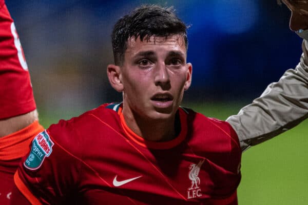 BOLTON, ENGLAND - Tuesday, October 5, 2021: Liverpool's Matteo Ritaccio is treated for an injury during the English Football League Trophy match between Bolton Wanderers FC and Liverpool FC Under-21's at the Reebok Stadium. Bolton Wanderers won 4-1. (Pic by David Rawcliffe/Propaganda)