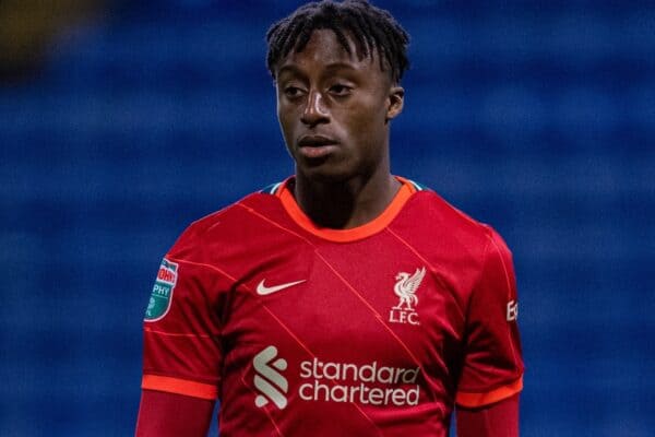 BOLTON, ENGLAND - Tuesday, October 5, 2021: Liverpool's Isaac Mabaya during the English Football League Trophy match between Bolton Wanderers FC and Liverpool FC Under-21's at the Reebok Stadium. Bolton Wanderers won 4-1. (Pic by David Rawcliffe/Propaganda)