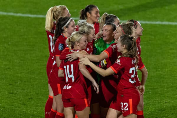 BIRKENHEAD, ENGLAND - Wednesday, October 13, 2021: Liverpool's Ashley Hodson (#14) celebrates with team-mates after scoring the winning penalty in the shoot out after a 1-1 draw during the FA Women's League Cup match between Liverpool FC Women and Aston Villa FC Women at Prenton Park. The game ended in a 1-1 draw, Liverpool secured an extra point by winning a penalty shoot-out 5-4. (Pic by David Rawcliffe/Propaganda)