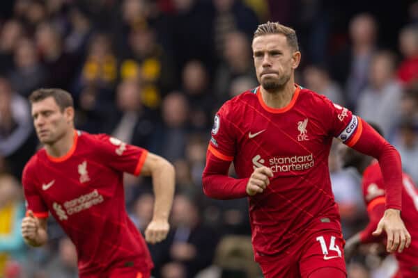 WATFORD, ENGLAND - Saturday, October 16, 2021: Liverpool's captain Jordan Henderson before the FA Premier League match between Watford FC and Liverpool FC at Vicarage Road. Liverpool won 5-0. (Pic by David Rawcliffe/Propaganda)