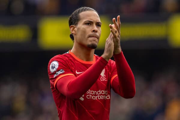 WATFORD, ENGLAND - Saturday, October 16, 2021: Liverpool's Virgil van Dijk applauds the travelling supporters before the FA Premier League match between Watford FC and Liverpool FC at Vicarage Road. Liverpool won 5-0. (Pic by David Rawcliffe/Propaganda)