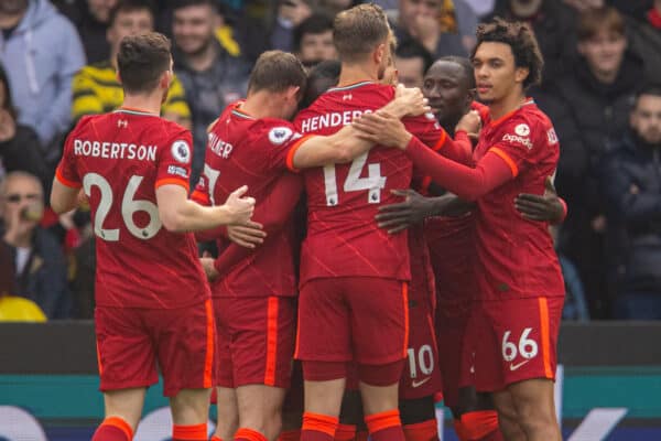 WATFORD, ENGLAND - Saturday, October 16, 2021: Liverpool's Sadio Mané celebrates with team-mates after scoring the first goal, his 100th Premier League goal, during the FA Premier League match between Watford FC and Liverpool FC at Vicarage Road. Liverpool won 5-0. (Pic by David Rawcliffe/Propaganda)