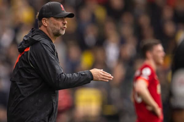 WATFORD, ENGLAND - Saturday, October 16, 2021: Liverpool's manager Jürgen Klopp during the FA Premier League match between Watford FC and Liverpool FC at Vicarage Road. Liverpool won 5-0. (Pic by David Rawcliffe/Propaganda)