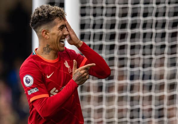 WATFORD, ENGLAND - Saturday, October 16, 2021: Liverpool's Roberto Firmino celebrates after scoring the third goal, the second of his hat-trick, during the FA Premier League match between Watford FC and Liverpool FC at Vicarage Road. Liverpool won 5-0. (Pic by David Rawcliffe/Propaganda)