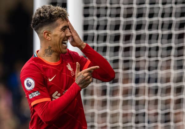 WATFORD, ENGLAND - Saturday, October 16, 2021: Liverpool's Roberto Firmino celebrates after scoring the third goal, the second of his hat-trick, during the FA Premier League match between Watford FC and Liverpool FC at Vicarage Road. Liverpool won 5-0. (Pic by David Rawcliffe/Propaganda)