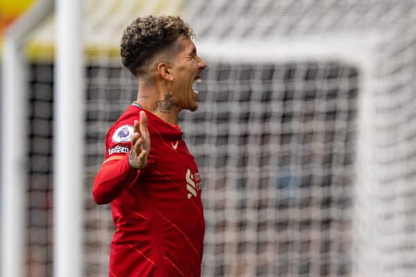 WATFORD, ENGLAND - Saturday, October 16, 2021: Liverpool's Roberto Firmino celebrates after scoring the third goal, the second of his hat-trick, during the FA Premier League match between Watford FC and Liverpool FC at Vicarage Road. Liverpool won 5-0. (Pic by David Rawcliffe/Propaganda)