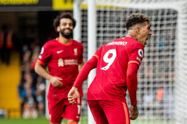 WATFORD, ENGLAND - Saturday, October 16, 2021: Liverpool's Roberto Firmino celebrates after scoring the third goal, the second of his hat-trick, during the FA Premier League match between Watford FC and Liverpool FC at Vicarage Road. Liverpool won 5-0. (Pic by David Rawcliffe/Propaganda)
