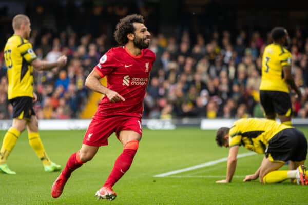 WATFORD, ENGLAND - Saturday, October 16, 2021: Liverpool's Mohamed Salah celebrates after scoring the fourth goal, the eighth consecutive game he's scored in, during the FA Premier League match between Watford FC and Liverpool FC at Vicarage Road. Liverpool won 5-0. (Pic by David Rawcliffe/Propaganda)