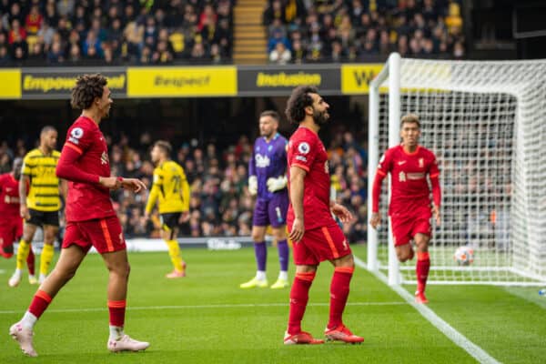 WATFORD, ENGLAND - Saturday, October 16, 2021: Liverpool's Mohamed Salah celebrates scoring the fourth goal, the eighth consecutive game he's scored in, during the FA Premier League match between Watford FC and Liverpool FC at Vicarage Road. Liverpool won 5-0. (Pic by David Rawcliffe/Propaganda)