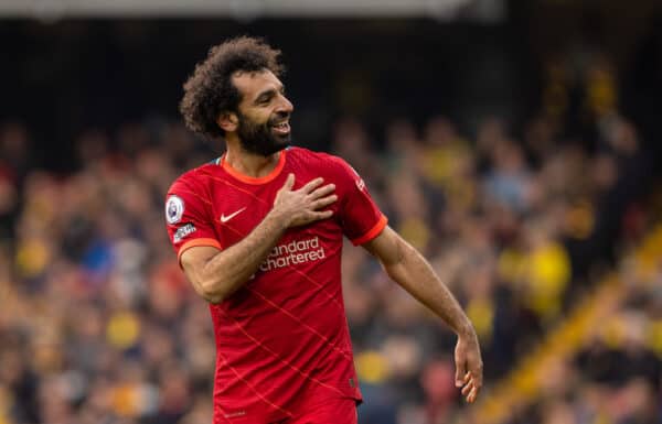 WATFORD, ENGLAND - Saturday, October 16, 2021: Liverpool's Mohamed Salah celebrates scoring the fourth goal, the eighth consecutive game he's scored in, during the FA Premier League match between Watford FC and Liverpool FC at Vicarage Road. Liverpool won 5-0. (Pic by David Rawcliffe/Propaganda)