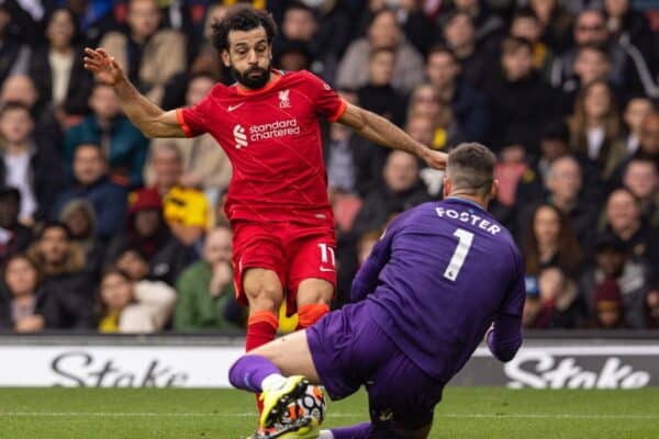 WATFORD, ENGLAND - Saturday, October 16, 2021: Liverpool's Mohamed Salah (L) is denied by Watford's goalkeeper Ben Foster during the FA Premier League match between Watford FC and Liverpool FC at Vicarage Road. Liverpool won 5-0. (Pic by David Rawcliffe/Propaganda)