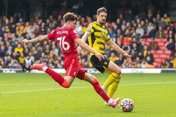 WATFORD, ENGLAND - Saturday, October 16, 2021: Liverpool's Neco Williams sets-up the fifth goal during the FA Premier League match between Watford FC and Liverpool FC at Vicarage Road. Liverpool won 5-0. (Pic by David Rawcliffe/Propaganda)