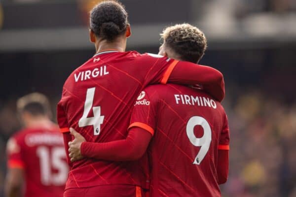 WATFORD, ENGLAND - Saturday, October 16, 2021: Liverpool's Roberto Firmino (R) celebrates with team-mate Virgil van Dijk (L) after scoring the fifth goal with the last kick of the game, completing his hat-trick, during the FA Premier League match between Watford FC and Liverpool FC at Vicarage Road. Liverpool won 5-0. (Pic by David Rawcliffe/Propaganda)