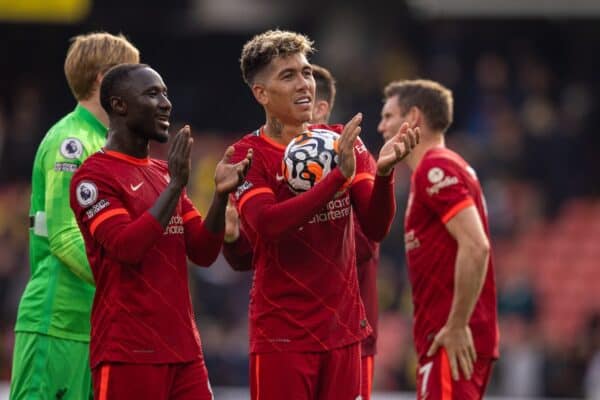 WATFORD, ENGLAND - Saturday, October 16, 2021: Liverpool's hat-trick hero Roberto Firmino celebrates with the match-ball at the end of the game, his last kick of the game was the fifth goal, completing his hat-trick, during the FA Premier League match between Watford FC and Liverpool FC at Vicarage Road. Liverpool won 5-0. (Pic by David Rawcliffe/Propaganda)