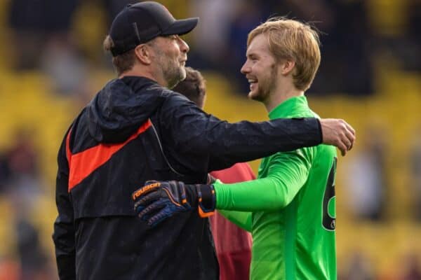 WATFORD, ENGLAND - Saturday, October 16, 2021: Liverpool's manager Jürgen Klopp (L) embraces goalkeeper Caoimhin Kelleher after the FA Premier League match between Watford FC and Liverpool FC at Vicarage Road. Liverpool won 5-0. (Pic by David Rawcliffe/Propaganda)