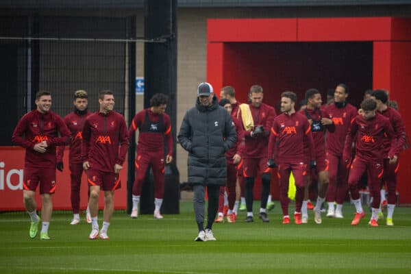 LIVERPOOL, ENGLAND - Monday, October 18, 2021: Liverpool's manager Jürgen Klopp (R) chats with Andy Robertson (L) and James Milner (C) during a training session at the AXA Training Centre ahead of the UEFA Champions League Group B Matchday 3 game between Club Atlético de Madrid and Liverpool FC. (Pic by David Rawcliffe/Propaganda)