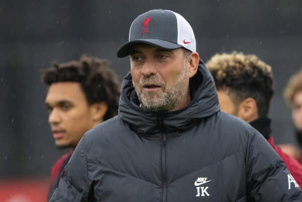 LIVERPOOL, ENGLAND - Monday, October 18, 2021: Liverpool's manager Jürgen Klopp during a training session at the AXA Training Centre ahead of the UEFA Champions League Group B Matchday 3 game between Club Atlético de Madrid and Liverpool FC. (Pic by David Rawcliffe/Propaganda)