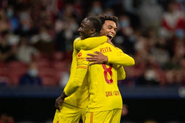 MADRID, SPAIN - Tuesday, October 19, 2021: Liverpool's Naby Keita celebrates with team-mate Trent Alexander-Arnold (R)after scoring the second goal during the UEFA Champions League Group B Matchday 3 game between Club Atlético de Madrid and Liverpool FC at the Estadio Metropolitano. Liverpool won 3-2. (Pic by David Rawcliffe/Propaganda)