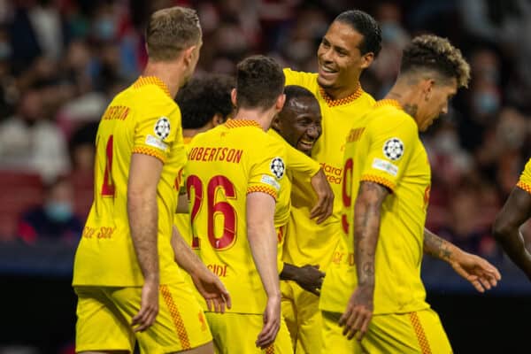 MADRID, SPAIN - Tuesday, October 19, 2021: Liverpool's Naby Keita (C) celebrates after scoring the second goal with team-mates during the UEFA Champions League Group B Matchday 3 game between Club Atlético de Madrid and Liverpool FC at the Estadio Metropolitano. Liverpool won 3-2. (Pic by David Rawcliffe/Propaganda)