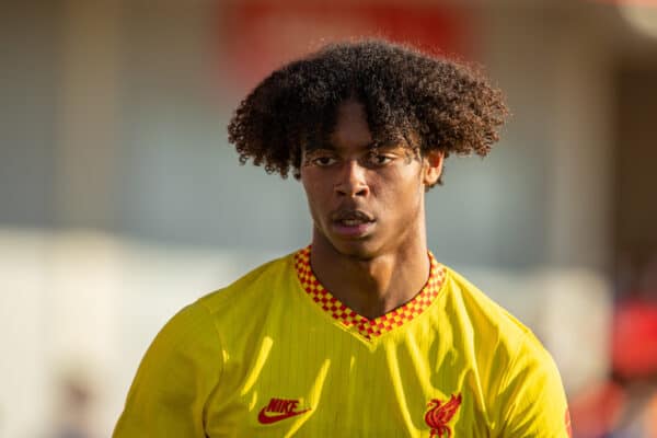 MADRID, SPAIN - Tuesday, October 19, 2021: Liverpool's substitute Harvey Blair during the UEFA Youth League Group B Matchday 3 game between Club Atlético de Madrid Under-19's and Liverpool FC Under-19's at the Atlético de Madrid Centro Deportivo Wanda Alcalá de Henares. Club Atlético de Madrid won 2-0. (Pic by David Rawcliffe/Propaganda)