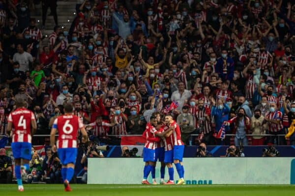 MADRID, SPAIN - Tuesday, October 19, 2021: Club Atlético de Madrid's Antoine Griezmann celebrates after scoring his side's second goal to level the score at 2-2 during the UEFA Champions League Group B Matchday 3 game between Club Atlético de Madrid and Liverpool FC at the Estadio Metropolitano. Liverpool won 3-2. (Pic by David Rawcliffe/Propaganda)