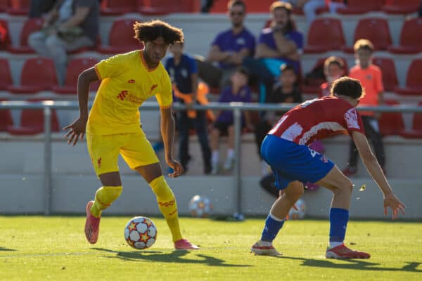 MADRID, SPAIN - Tuesday, October 19, 2021: Liverpool's substitute Harvey Blair during the UEFA Youth League Group B Matchday 3 game between Club Atlético de Madrid Under-19's and Liverpool FC Under-19's at the Atlético de Madrid Centro Deportivo Wanda Alcalá de Henares. Club Atlético de Madrid won 2-0. (Pic by David Rawcliffe/Propaganda)