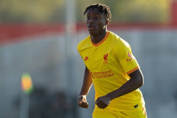 MADRID, SPAIN - Tuesday, October 19, 2021: Liverpool's substitute Isaac Mabaya during the UEFA Youth League Group B Matchday 3 game between Club Atlético de Madrid Under-19's and Liverpool FC Under-19's at the Atlético de Madrid Centro Deportivo Wanda Alcalá de Henares. Club Atlético de Madrid won 2-0. (Pic by David Rawcliffe/Propaganda)