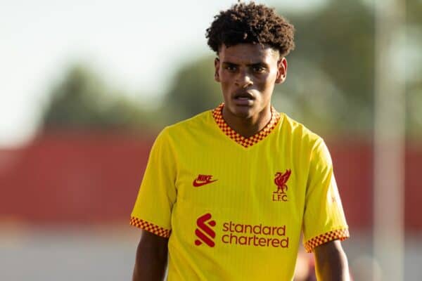 MADRID, SPAIN - Tuesday, October 19, 2021: Liverpool's substitute Melkamu Frauendorf during the UEFA Youth League Group B Matchday 3 game between Club Atlético de Madrid Under-19's and Liverpool FC Under-19's at the Atlético de Madrid Centro Deportivo Wanda Alcalá de Henares. Club Atlético de Madrid won 2-0. (Pic by David Rawcliffe/Propaganda)