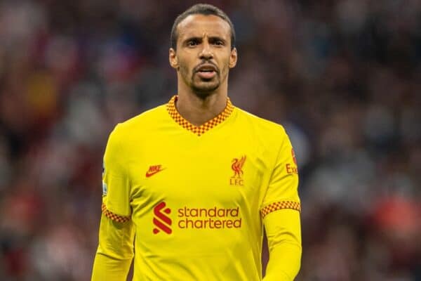 MADRID, SPAIN - Tuesday, October 19, 2021: Liverpool's Joel Matip during the UEFA Champions League Group B Matchday 3 game between Club Atlético de Madrid and Liverpool FC at the Estadio Metropolitano. Liverpool won 3-2. (Pic by David Rawcliffe/Propaganda)