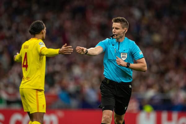 MADRID, SPAIN - Tuesday, October 19, 2021: Referee Szymon Marciniak points to the spot and awards Liverpool a penalty during the UEFA Champions League Group B Matchday 3 game between Club Atlético de Madrid and Liverpool FC at the Estadio Metropolitano. Liverpool won 3-2. (Pic by David Rawcliffe/Propaganda)