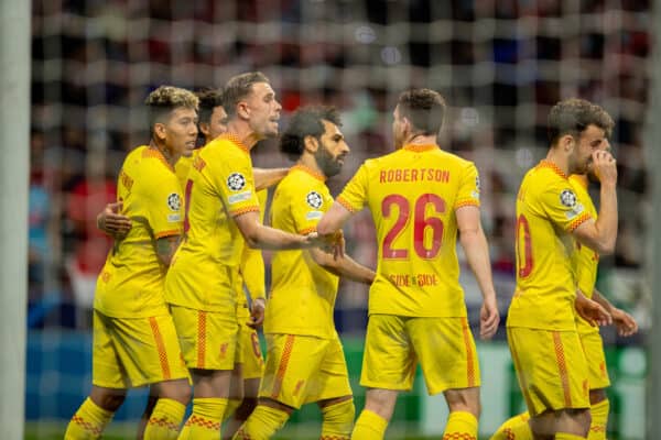 MADRID, SPAIN - Tuesday, October 19, 2021: Liverpool's Mohamed Salah celebrates after scoring the winning third goal, from a penalty-kick, to makes the score 2-3 during the UEFA Champions League Group B Matchday 3 game between Club Atlético de Madrid and Liverpool FC at the Estadio Metropolitano. Liverpool won 3-2. (Pic by David Rawcliffe/Propaganda)