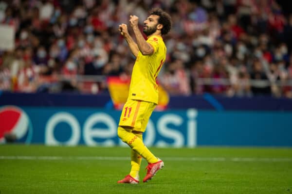 MADRID, SPAIN - Tuesday, October 19, 2021: Liverpool's Mohamed Salah celebrates after scoring the winning third goal, from a penalty-kick, to makes the score 2-3 during the UEFA Champions League Group B Matchday 3 game between Club Atlético de Madrid and Liverpool FC at the Estadio Metropolitano. Liverpool won 3-2. (Pic by David Rawcliffe/Propaganda)