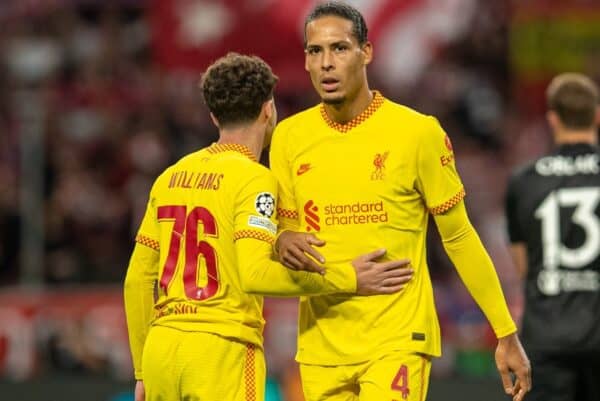 MADRID, SPAIN - Tuesday, October 19, 2021: Liverpool's Virgil van Dijk (R) and Neco Williams after the UEFA Champions League Group B Matchday 3 game between Club Atlético de Madrid and Liverpool FC at the Estadio Metropolitano. Liverpool won 3-2. (Pic by David Rawcliffe/Propaganda)