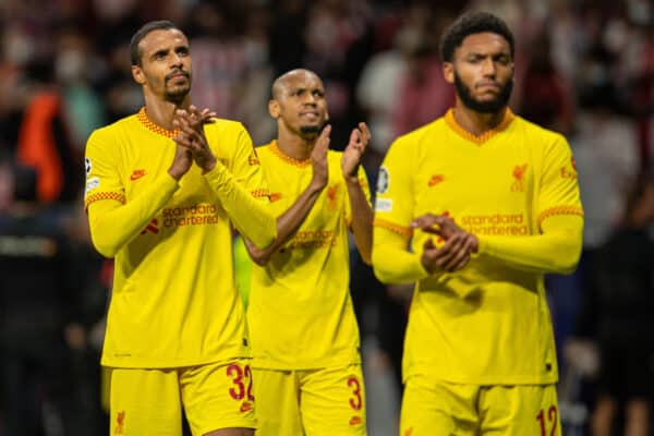 MADRID, SPAIN - Tuesday, October 19, 2021: Liverpool's Joel Matip celebrates after the UEFA Champions League Group B Matchday 3 game between Club Atlético de Madrid and Liverpool FC at the Estadio Metropolitano. Liverpool won 3-2. (Pic by David Rawcliffe/Propaganda)