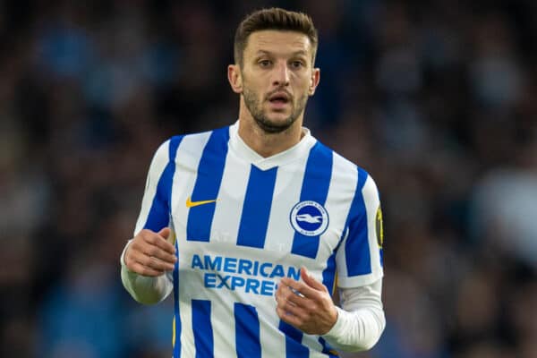 BRIGHTON & HOVE, ENGLAND - Saturday, October 23, 2021: Brighton & Hove Albion's Adam Lallana during the FA Premier League match between Brighton & Hove Albion FC and Manchester City FC at the AMEX Stadium. Manchester City won 4-1. (Pic by David Rawcliffe/Propaganda)