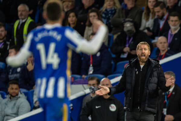 BRIGHTON & HOVE, ENGLAND - Saturday, October 23, 2021: Brighton & Hove Albion's manager Graham Potter during the FA Premier League match between Brighton & Hove Albion FC and Manchester City FC at the AMEX Stadium. Manchester City won 4-1. (Pic by David Rawcliffe/Propaganda)