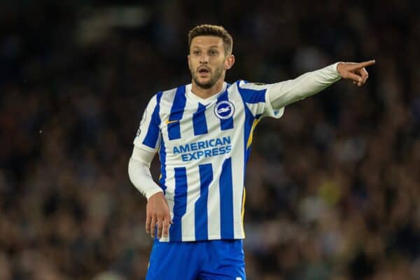 BRIGHTON & HOVE, ENGLAND - Saturday, October 23, 2021: Brighton & Hove Albion's Adam Lallana during the FA Premier League match between Brighton & Hove Albion FC and Manchester City FC at the AMEX Stadium. Manchester City won 4-1. (Pic by David Rawcliffe/Propaganda)