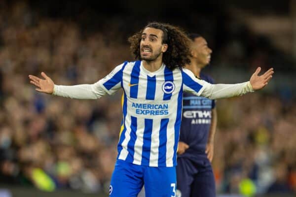 BRIGHTON & HOVE, ENGLAND - Saturday, October 23, 2021: Brighton & Hove Albion's Marc Cucurella reacts during the FA Premier League match between Brighton & Hove Albion FC and Manchester City FC at the AMEX Stadium. Manchester City won 4-1. (Pic by David Rawcliffe/Propaganda)