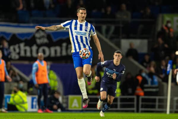 BRIGHTON & HOVE, ENGLAND - Saturday, October 23, 2021: Brighton & Hove Albion's Lewis Dunk during the FA Premier League match between Brighton & Hove Albion FC and Manchester City FC at the AMEX Stadium. Manchester City won 4-1. (Pic by David Rawcliffe/Propaganda)