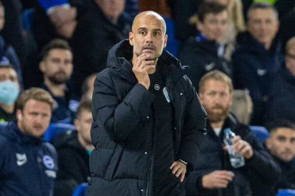 BRIGHTON & HOVE, ENGLAND - Saturday, October 23, 2021: Manchester City's manager Josep 'Pep' Guardiola during the FA Premier League match between Brighton & Hove Albion FC and Manchester City FC at the AMEX Stadium. Manchester City won 4-1. (Pic by David Rawcliffe/Propaganda)