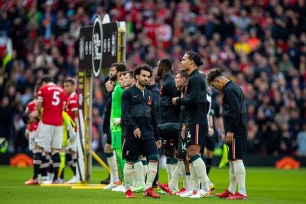 MANCHESTER, ENGLAND - Sunday, October 24, 2021: Liverpool's Mohamed Salah walks out for the line-up before the FA Premier League match between Manchester United FC and Liverpool FC at Old Trafford. Liverpool won 5-0. (Pic by David Rawcliffe/Propaganda)