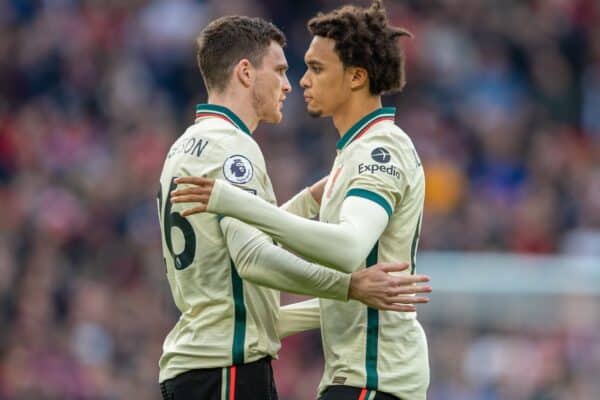 MANCHESTER, ENGLAND - Sunday, October 24, 2021: Liverpool's Andy Robertson (L) and Trent Alexander-Arnold before the FA Premier League match between Manchester United FC and Liverpool FC at Old Trafford. Liverpool won 5-0. (Pic by David Rawcliffe/Propaganda)