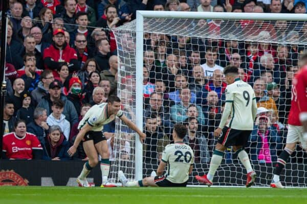 MANCHESTER, ENGLAND - Sunday, October 24, 2021: Liverpool's Diogo Jota (R) celebrates with team-mate James Milner (L) after scoring the second goal during the FA Premier League match between Manchester United FC and Liverpool FC at Old Trafford. (Pic by David Rawcliffe/Propaganda)