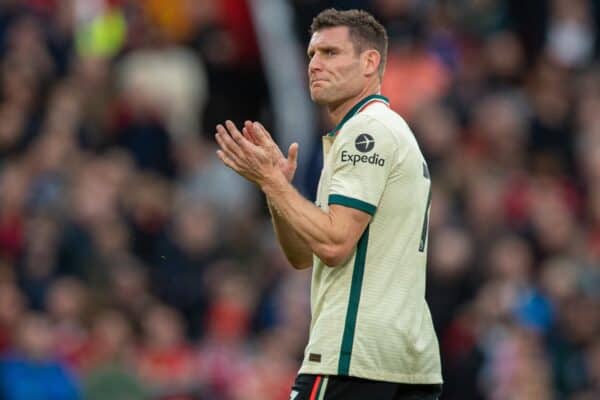 MANCHESTER, ENGLAND - Sunday, October 24, 2021: Liverpool's James Milner applauds the supporters as he is substituted during the FA Premier League match between Manchester United FC and Liverpool FC at Old Trafford. (Pic by David Rawcliffe/Propaganda)